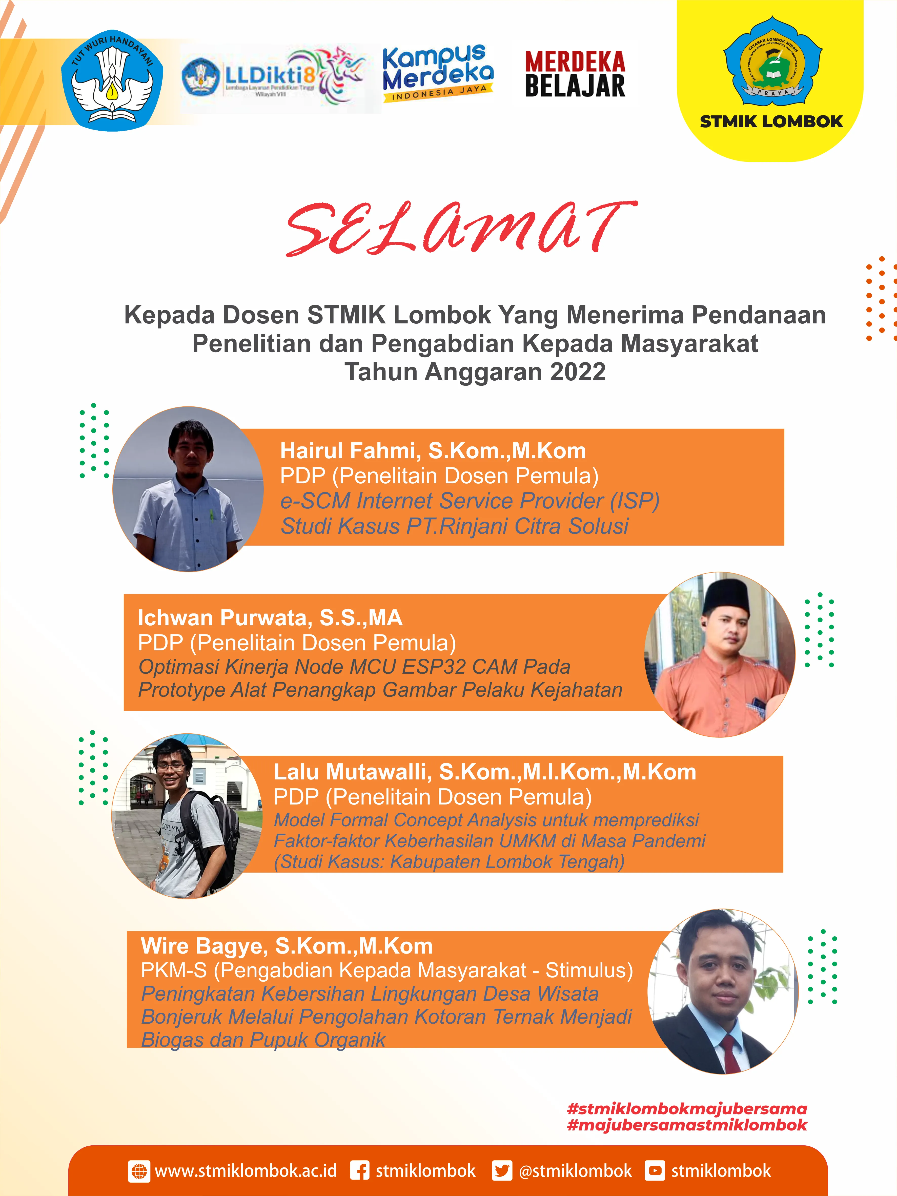 Selamat Kepada Dosen STMIK Lombok yang menerima pendanaan Penelitian dan pengabdian Kepada Masyarakat Tahun Anggran 2022